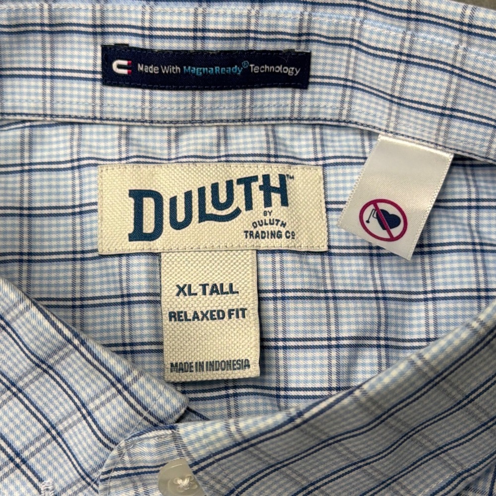 Duluth Button Down Men XL Tall Blue Plaid MagnaReady Relaxed Fit Short Sleeve